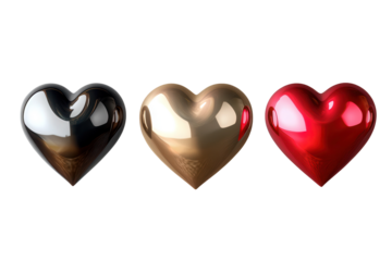 Collection of three dimensional shiny hearts featuring black, gold, and red colors arranged in a visually appealing manner against a clear background