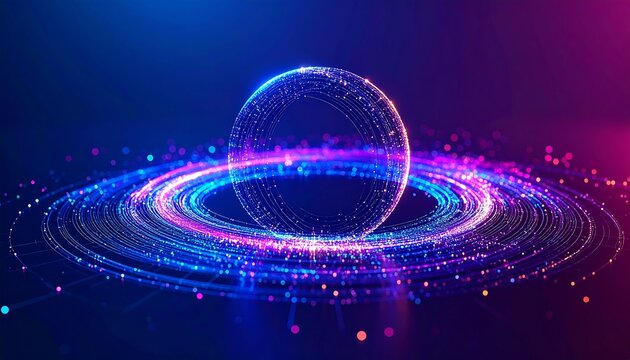 Futuristic digital sphere concept with glowing light particles orbiting in a cosmic swirl, representing big data and global networks.