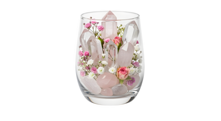 Tumbler cup with crystals and flowers inside, isolated on white background
