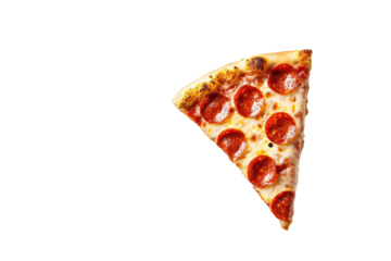 Delicious slice of pepperoni pizza with fresh basil and vibrant toppings floating against a white background