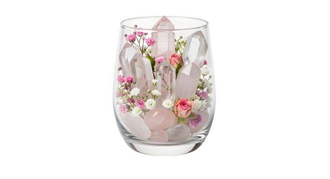 Tumbler cup with crystals and flowers inside, isolated on white background - Powered by Adobe