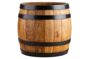 Rustic Wooden Barrel with Iron Bands, isolated on transparent background
