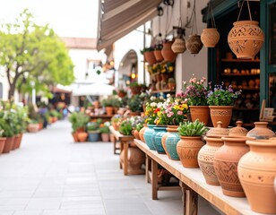 Fototapeta premium Charming outdoor market with colorful flower pots and handmade terracotta jars