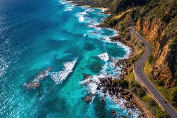 Obraz premium Coastal Highway Aerial Turquoise Ocean, Winding Road, Cliffside Drive, Travel Brochure