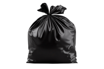 Black garbage bag isolated on transparent background for waste disposal and recycling purposes in urban environments