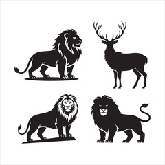 Obraz premium Majestic black silhouettes of lions and a deer on a white background