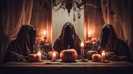 Mysterious figures in cloaks sitting around pumpkins and candles for Halloween  