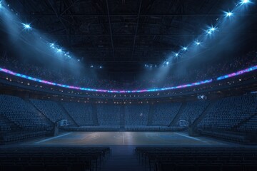 Empty basketball arena showcasing a large sports venue with seating and court under dramatic lighting effects during a quiet moment