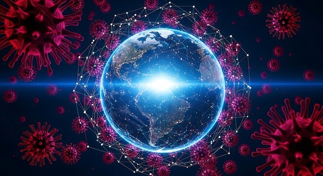 Digital globe encircled by red virus particles and interconnected network - Powered by Adobe