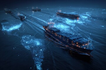 Futuristic cargo container ships navigate the ocean using gigapixel technology for enhanced connectivity and data visualization at night