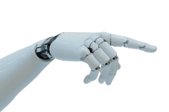 Cyborg robotic hand points with precision, showcasing advanced technology in a modern display environment - Powered by Adobe