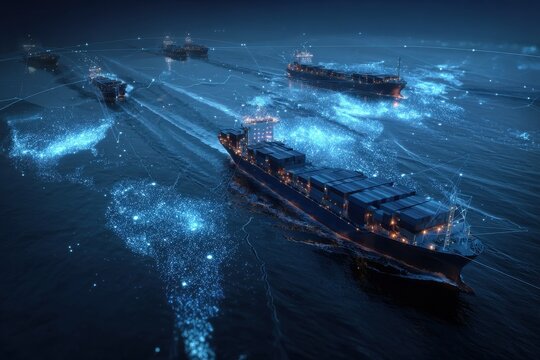 Futuristic cargo container ships navigate the ocean using gigapixel technology for enhanced connectivity and data visualization at night