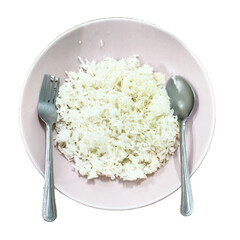 Plate of Steamed Rice: A simple yet inviting image featuring a portion of fluffy, freshly steamed rice in a bowl, accompanied by a fork and spoon, symbolizing the essential elements of a meal.