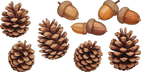 Hand-drawn realistic pine cones and acorns collection, detailed autumn nature elements, fall forest seeds,