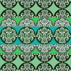  Elegant green damask half circle and full circle seamless vector pattern, perfect for textiles, wallpapers, and classic decorative projects.