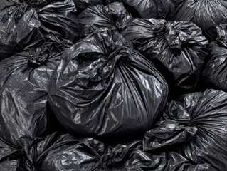 Pile of Garbage Bags: A stark display of waste, featuring a collection of black garbage bags filled and gathered, symbolizing disposal and excess in a realistic depiction.