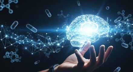 Hand holding a glowing digital brain with medical capsules