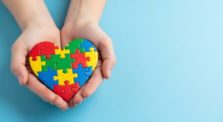 Hands hold a heartshaped puzzle with colorful pieces on a light blue background