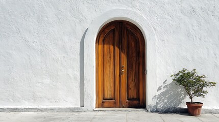 Fototapeta premium Ancient Wooden Arched Door Set in a White Textured Wall with a Potted Plant