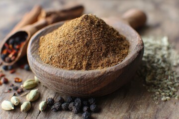 Garam masala spice blend showcasing rich textures and colors on a wooden surface with accompanying spices ready for culinary use