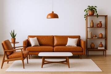 Obraz premium Modern Living Room with Tan Leather Sofa, Armchair, Coffee Table, and Bookshelf
