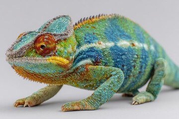 Obraz premium Colorful chameleon lizard displaying vibrant hues and intricate patterns on its skin in a studio setting