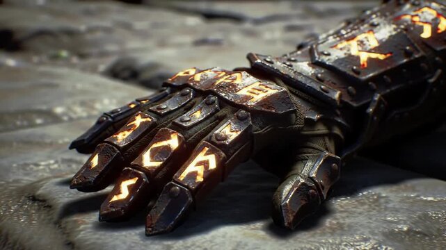 Mysterious armored gauntlet glows with ancient runes