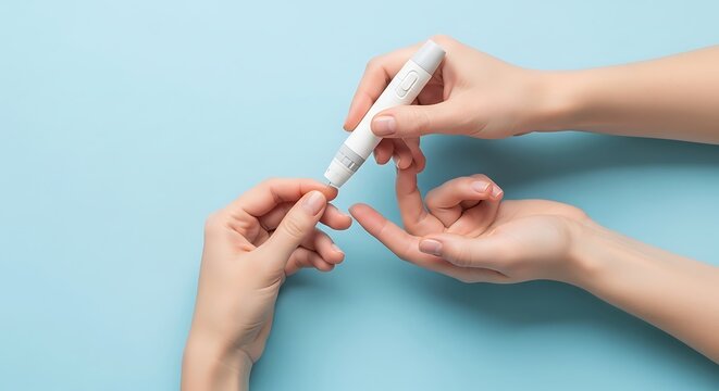Hands performing a finger prick blood test with a glucose meter