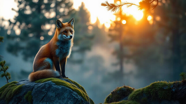 A lone red fox sitting gracefully on a moss-covered rock in a quiet pine forest during twilight