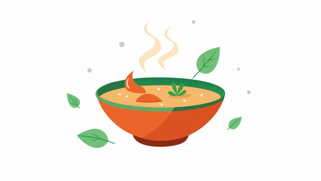 steaming bowl of thai tom yum soup with herbs in cartoon style
