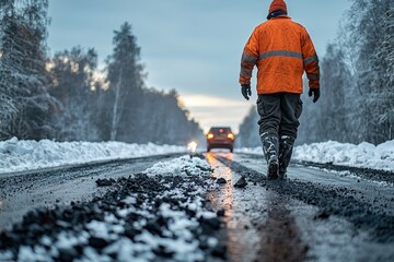 Road foreman inspects the road in order to determine the need for repair work