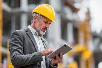 Businessman in a construction site wearing a hard hat and using a tablet to oversee project progress during a sunny day