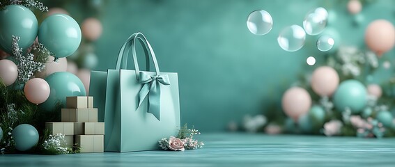 Elegant Teal Gift Bag, Balloons, and Boxes; Festive Mood