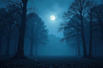 Fototapeta premium Enchanted Woodland at Night A Serene Moonlit Scene with Foggy Atmosphere and Bare Trees