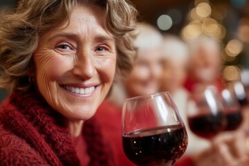 A woman is smiling and holding a glass of red wine
