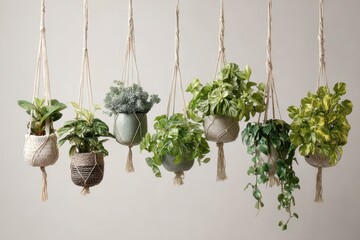 Collection of beautiful indoor plants hanging elegantly in pots, showcasing vibrant greenery against a neutral background in a well-lit space