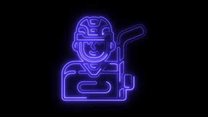 Neon Blue Hockey Player Icon on Black Background with Glowing Outline and Smiling Face