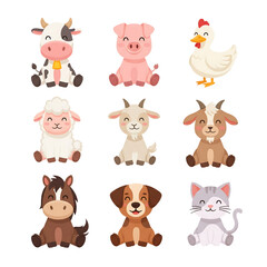 Collection of cute sitting baby animals. Cartoon illustration set including a cow, pig, chicken, lamb, goat, horse, puppy, and kitten.