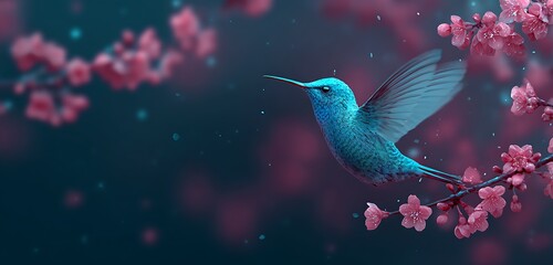 Shining hummingbird poised over glowing night blossoms