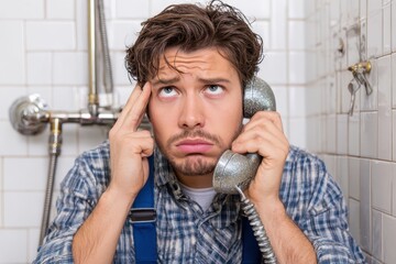 Desperate man sitting in a bathroom making a call to a plumber for urgent repairs during a plumbing emergency