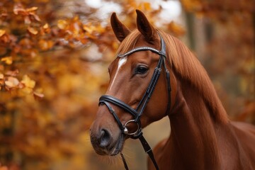 Obraz premium Chestnut horse with bridle standing among autumn foliage, showcasing the beauty of nature and equine elegance in a serene outdoor setting