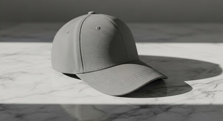 Clean grey baseball cap mockup on a marble surface with natural light shadow.