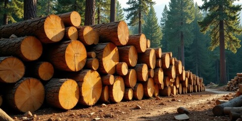 A sun-drenched forest path lined with neatly stacked logs, showcasing the rich textures and warm tones of freshly cut timber in a natural setting