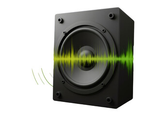Fototapeta premium 黒いスピーカーから放出される緑のサウンドウェーブと透明な背景