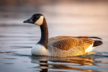 Obraz premium Canada goose gracefully swimming in calm water during sunset with vibrant colors reflecting on the surface