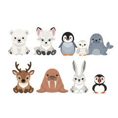 Fototapeta premium Cute cartoon arctic and polar animals collection. Vector set of a baby polar bear, fox, penguin, seal, and reindeer.