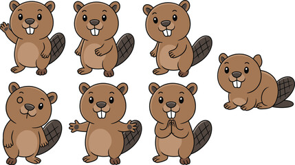 Cute cartoon beaver in various poses and expressions, adorable wildlife character illustrations, happy and playful animal vector set for kids