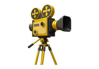 Obraz premium 黄金と黒のレトロな映画カメラ 三脚付き透明な背景に孤立