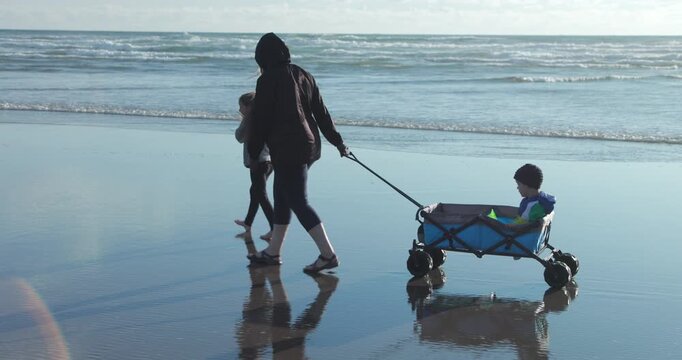 Mother and Kids walking on a Beach