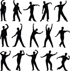Male silhouette dancing poses, artistic dance movement collection, expressive body language, modern dance styles, black vector illustration, energetic performance, fluid motion, silhouette art